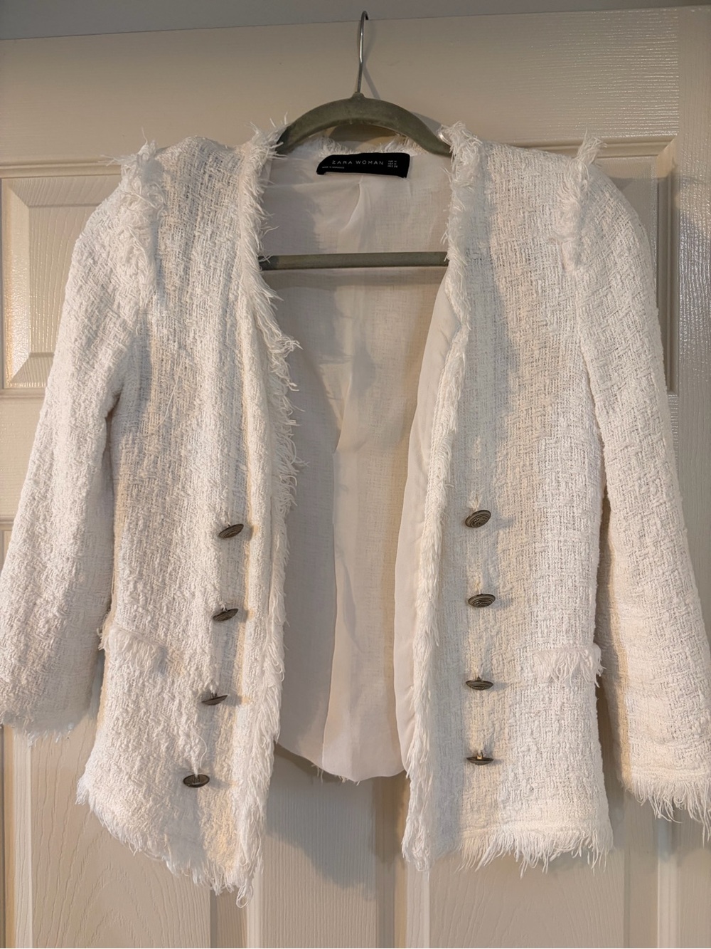 Zara Ivory Frayed Bouclé Blazer with Decorative Buttons